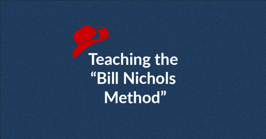 Teaching the Bill Nichols Method blue background red cowboy hat